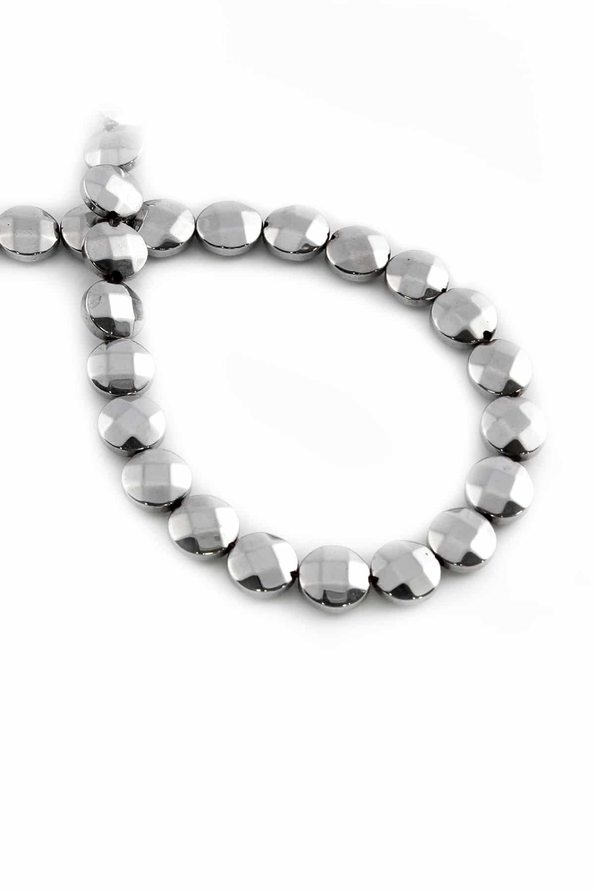 Hematite Natural Stone Shiny Cylinder Round Dished Facet Cut 8mm String Of Beads