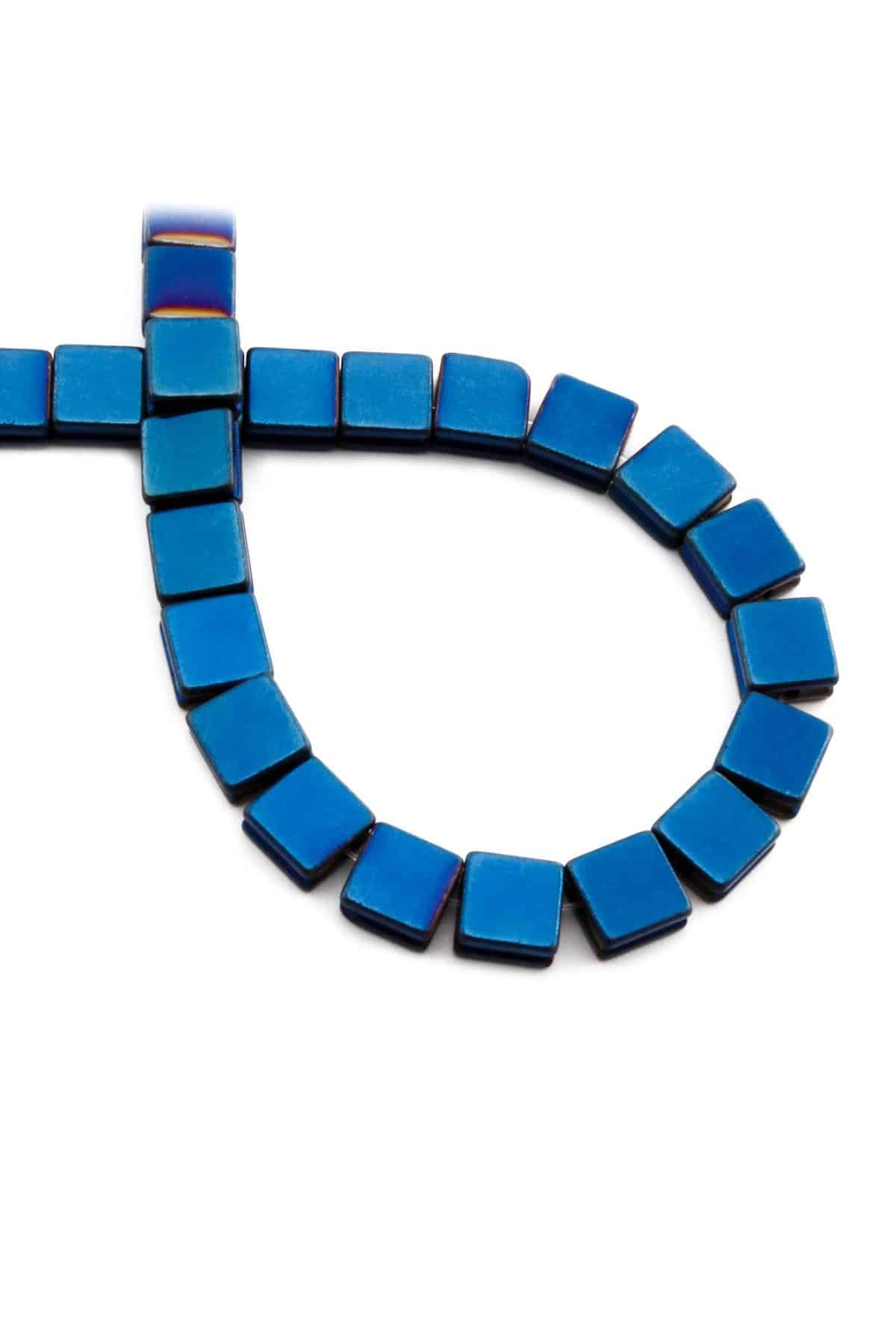 Hematite Natural Stone Shiny Blue Flat Square Cut 8x8mm String Of Beads