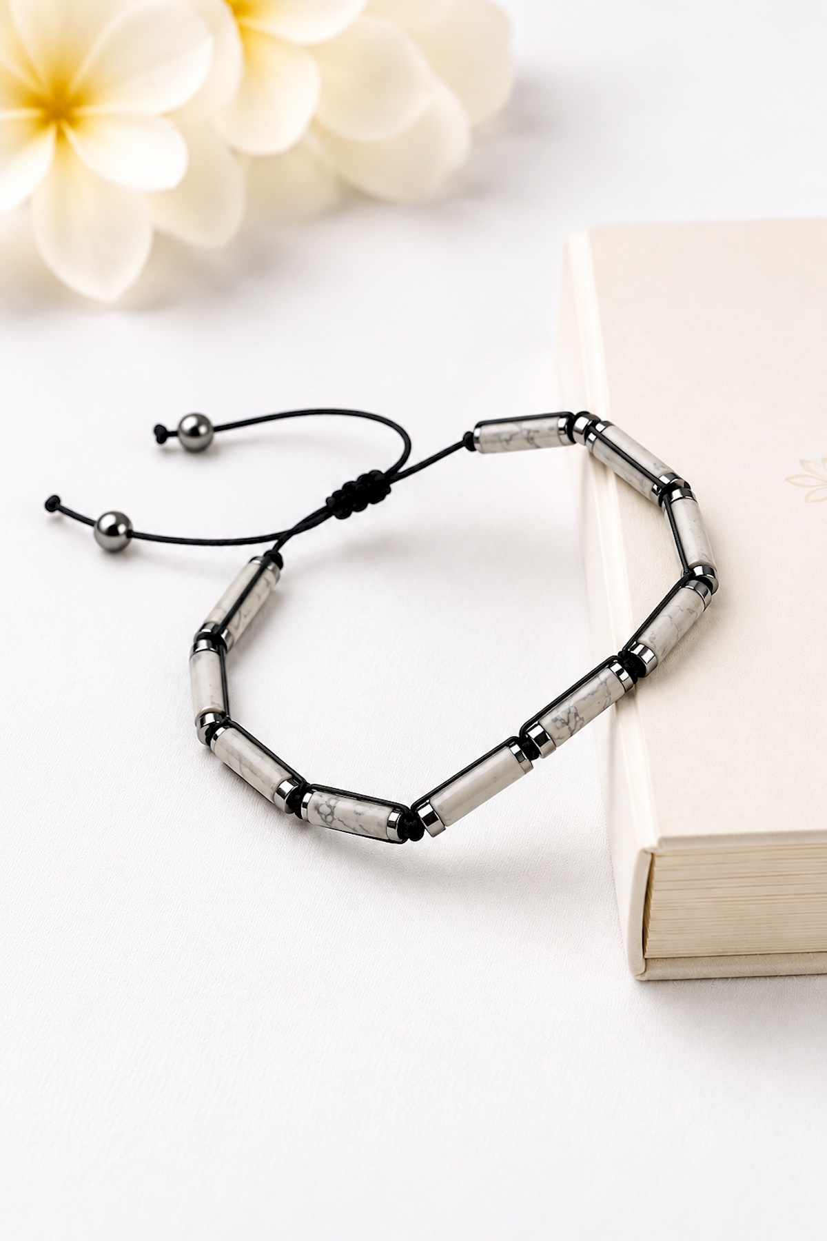 Hematit-Havlit Doğal Taş Silindir Kesim 4x13 mm Makrome Bileklik