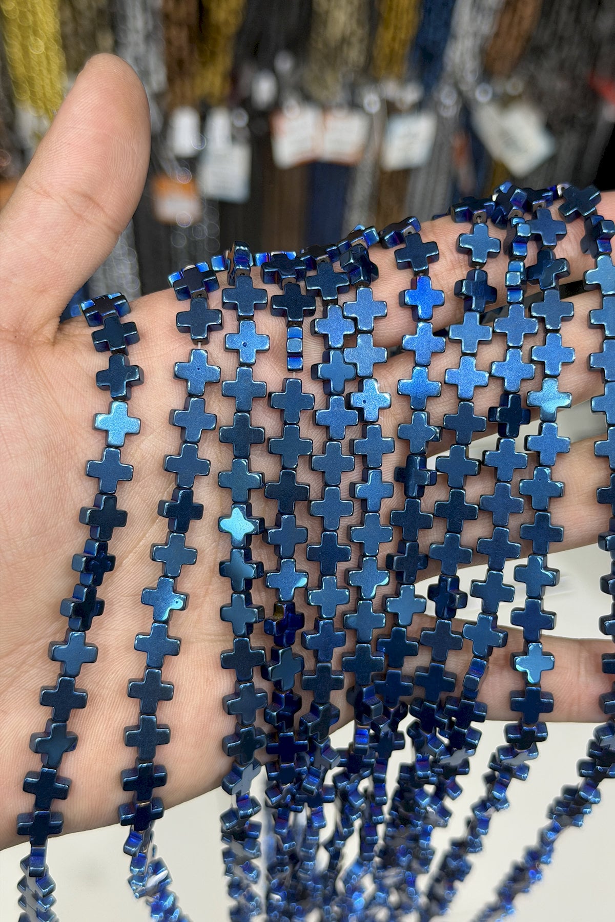 Hematit Taşı Artı Kesim Parlak Mavi 8x8mm Doğal Taş Dizi