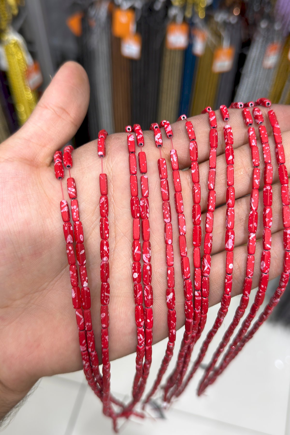 Hematite Natural Stone Matte Mottled Red Rectangular Cut 3x9mm String Of Beads