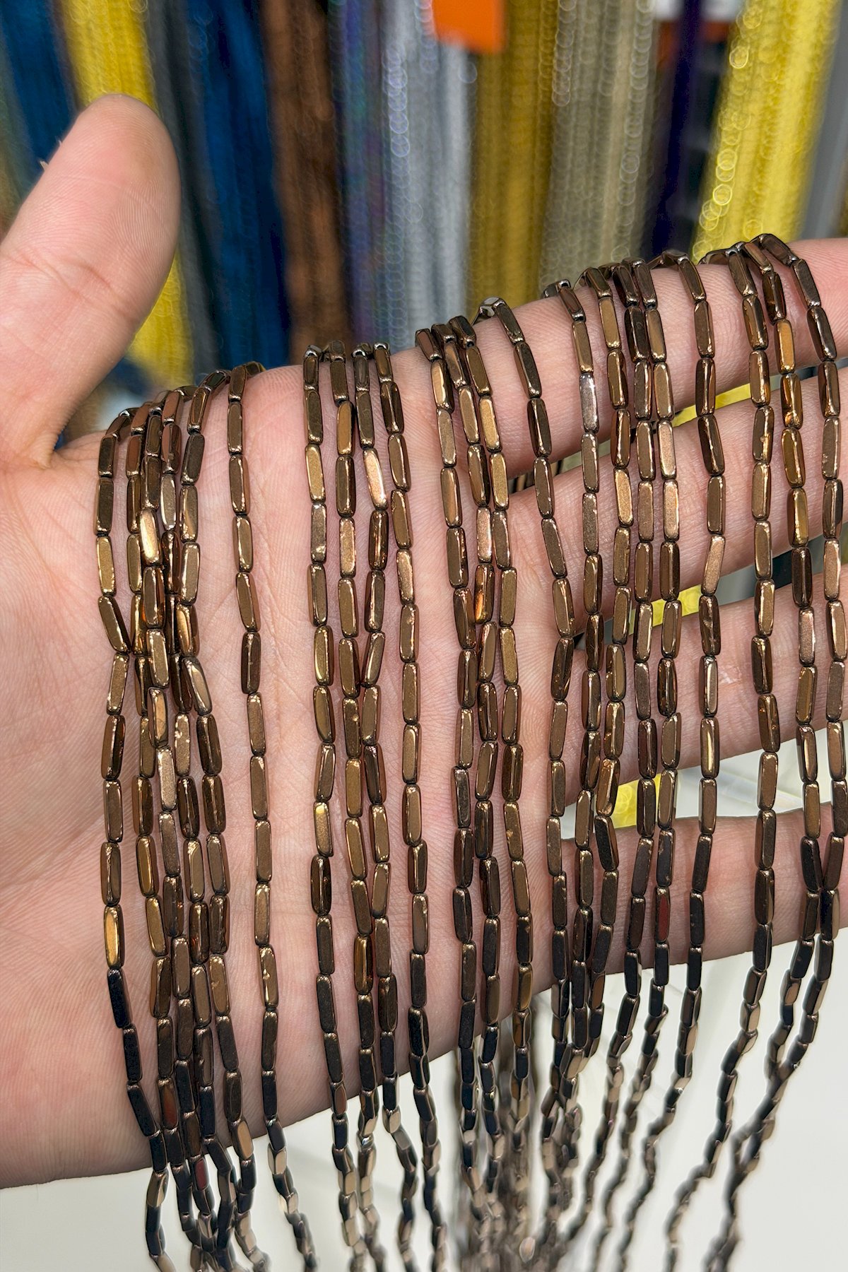 Hematit Taşı Dikdörtgen Kesim Parlak Kahverengi 2x8mm Doğal Taş Dizi