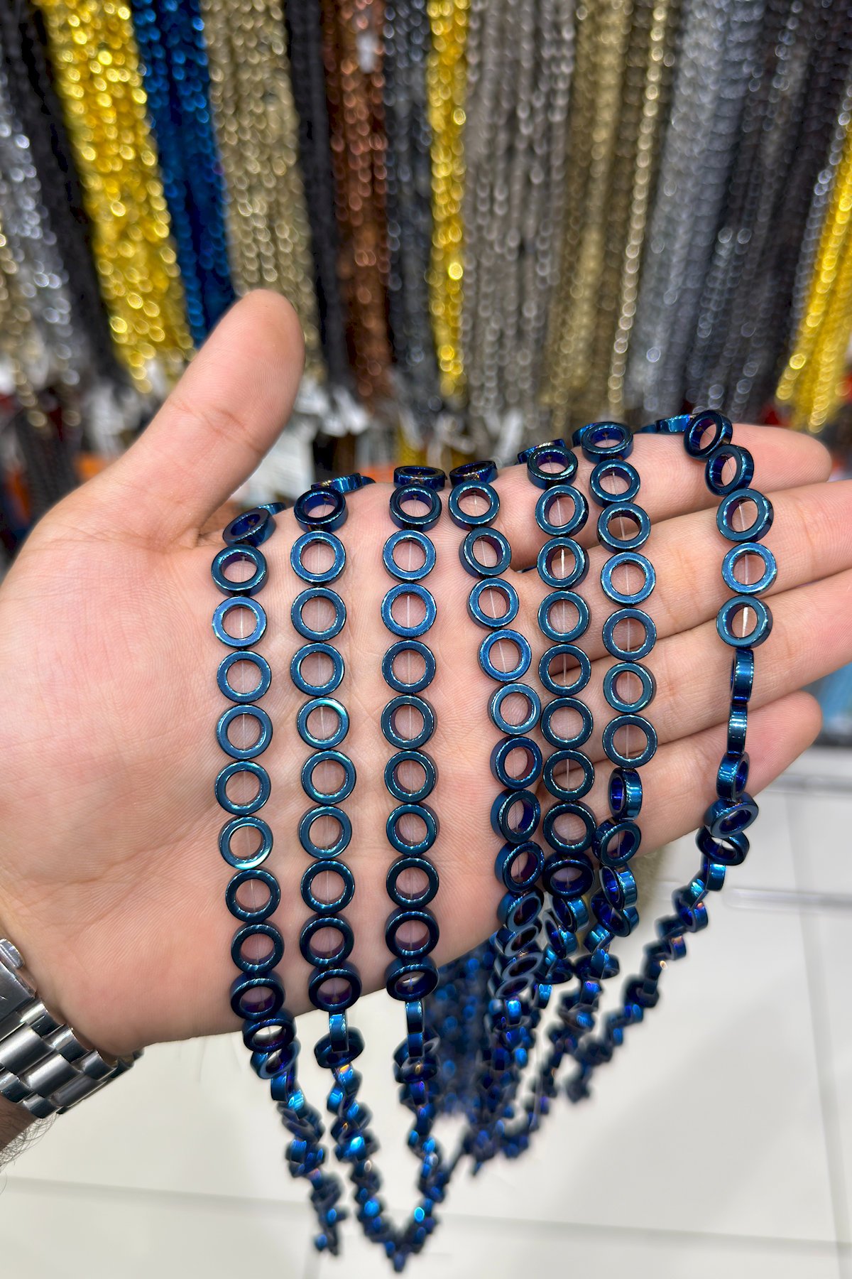 Hematit Taşı İçi Boş Daire Kesim 10mm- Parlak Mavi Doğal Taş Dizi