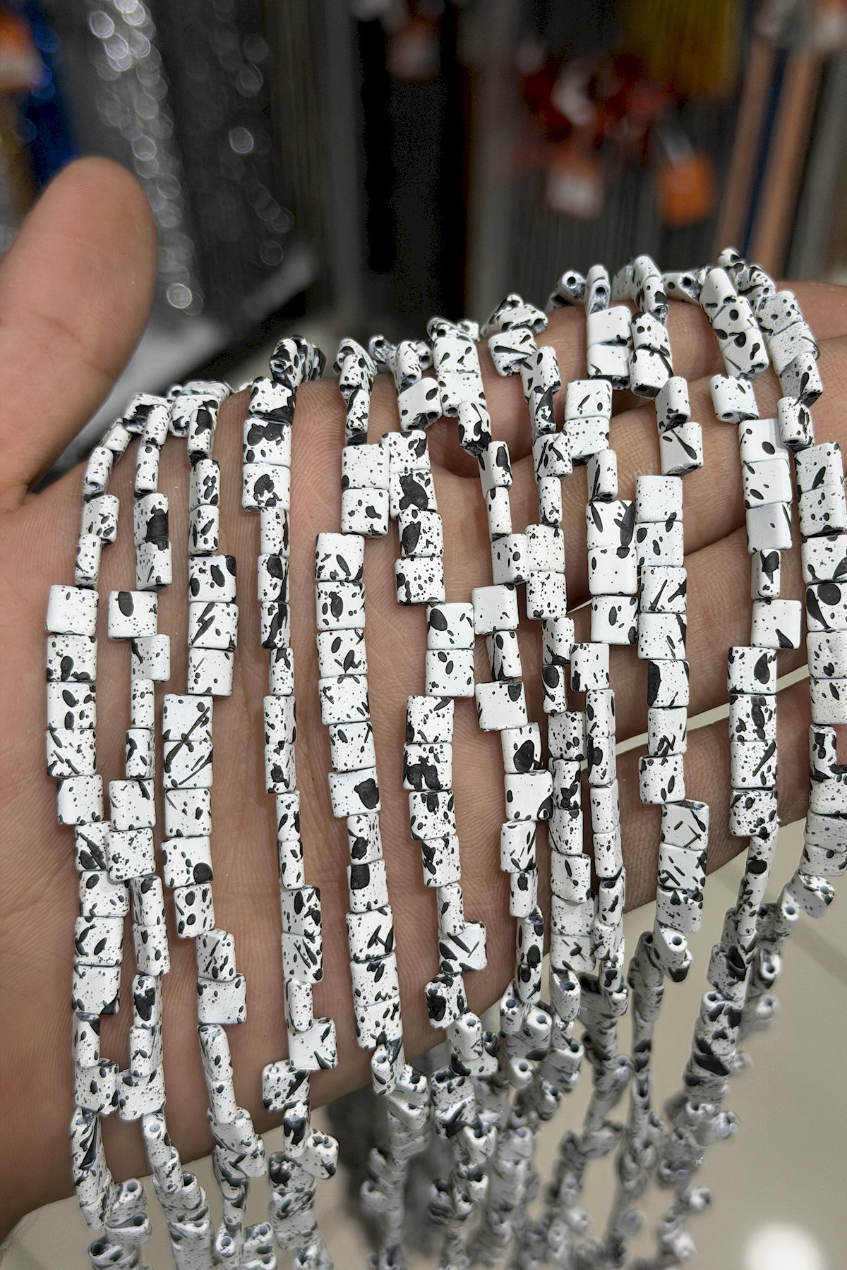Hematite Natural Stone Matte Mottled White Square Cut Double Hole 6x6mm String Of Beads