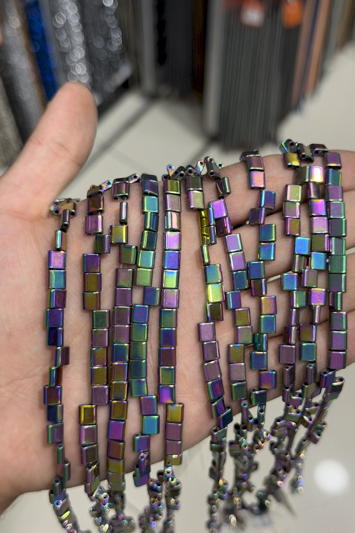 Hematite Natural Stone Shiny Rainbow Square Cut Double Hole 6x6mm String Of Beads