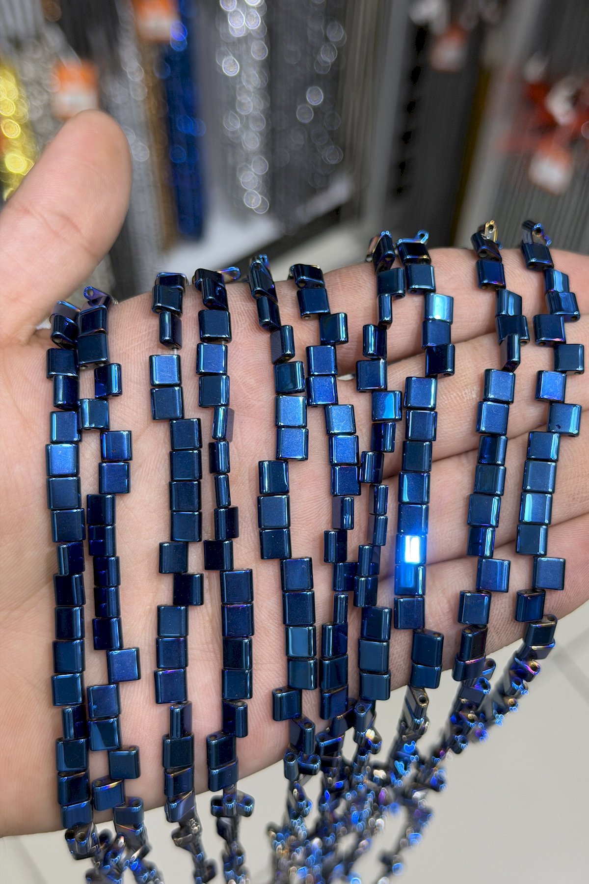 Hematite Natural Stone Shiny Blue Square Cut Double Hole 6x6mm String Of Beads
