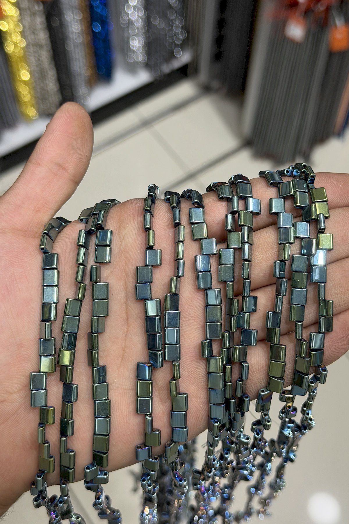 Hematite Natural Stone Shiny Green Square Cut Double Hole 6x6mm String Of Beads