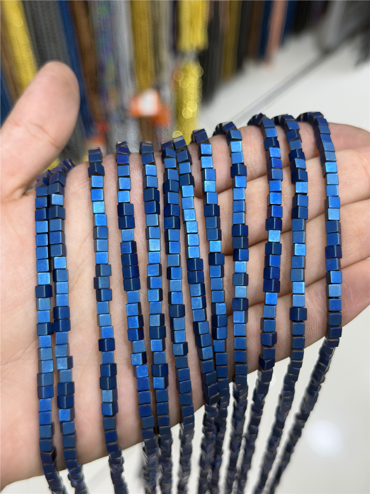 Hematite Natural Stone Shiny Blue Cube Cut 4x4mm String Of Beads