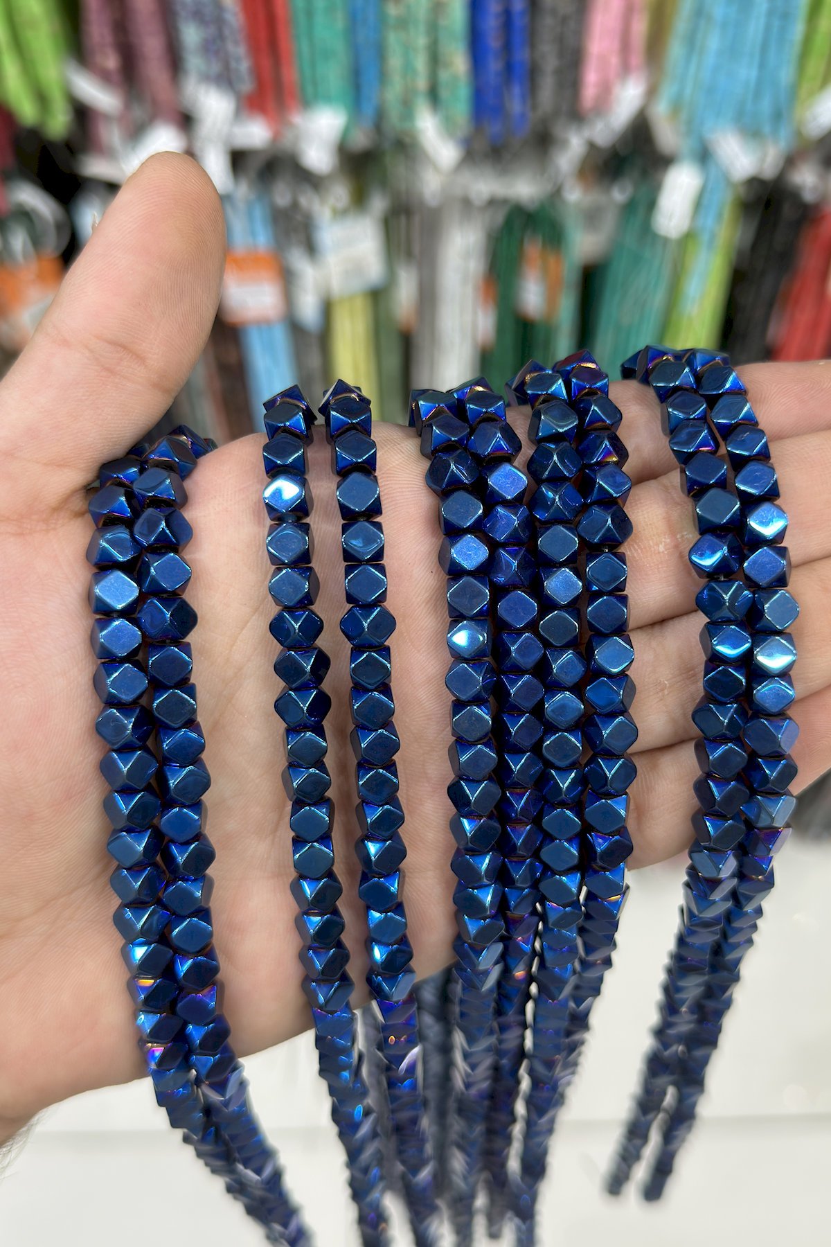 Hematite Natural Stone Shiny Blue Cube Cut 6x6mm String Of Beads