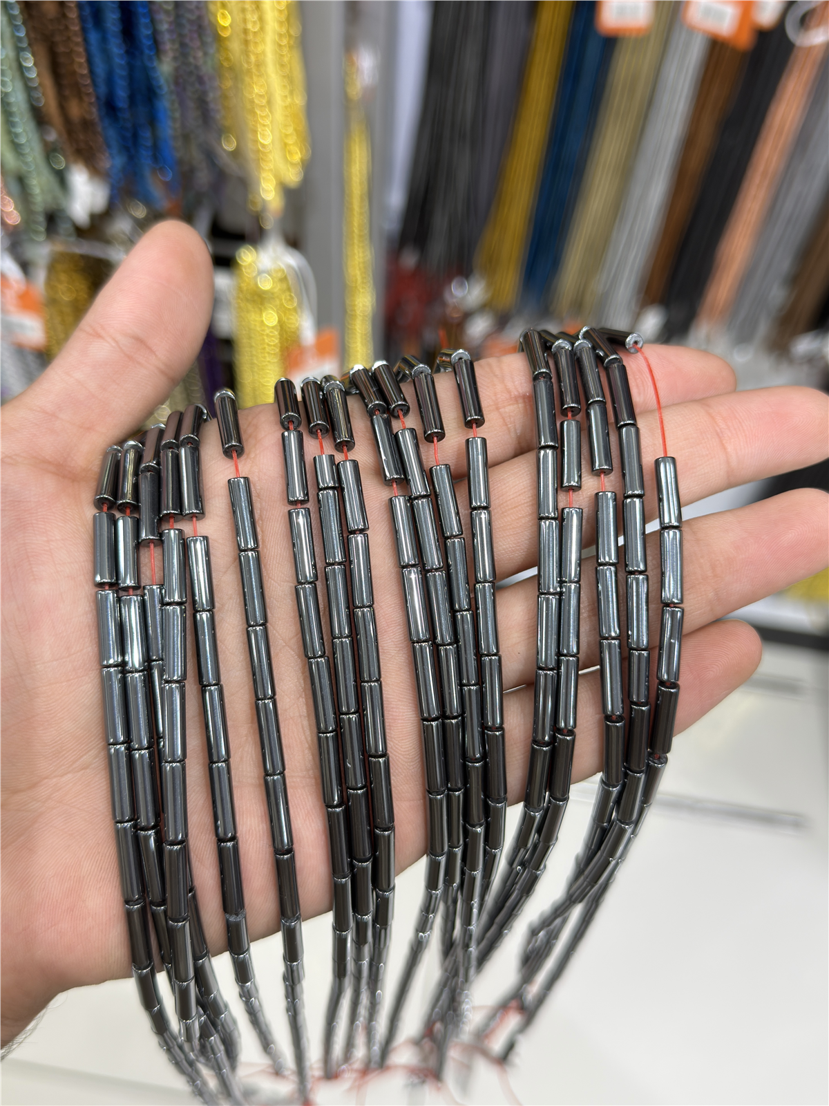 Hematite Natural Stone Shiny Smoked Cylinder Cut 4x13mm String Of Beads