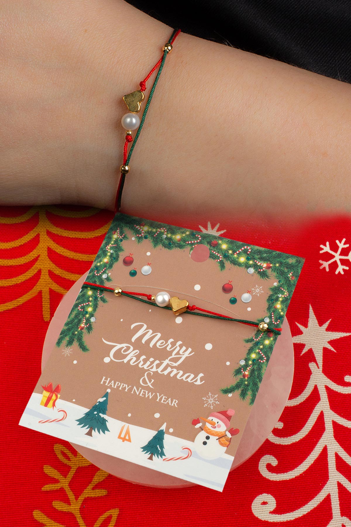 İnci Doğal Taş Kalp Figürlü Makrome Yılbaşı Bileklik