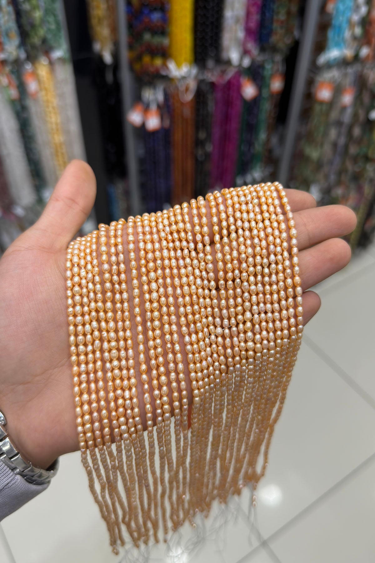 İnci Doğal Taş Pembe Arpa Kesim 3x4mm Dizi