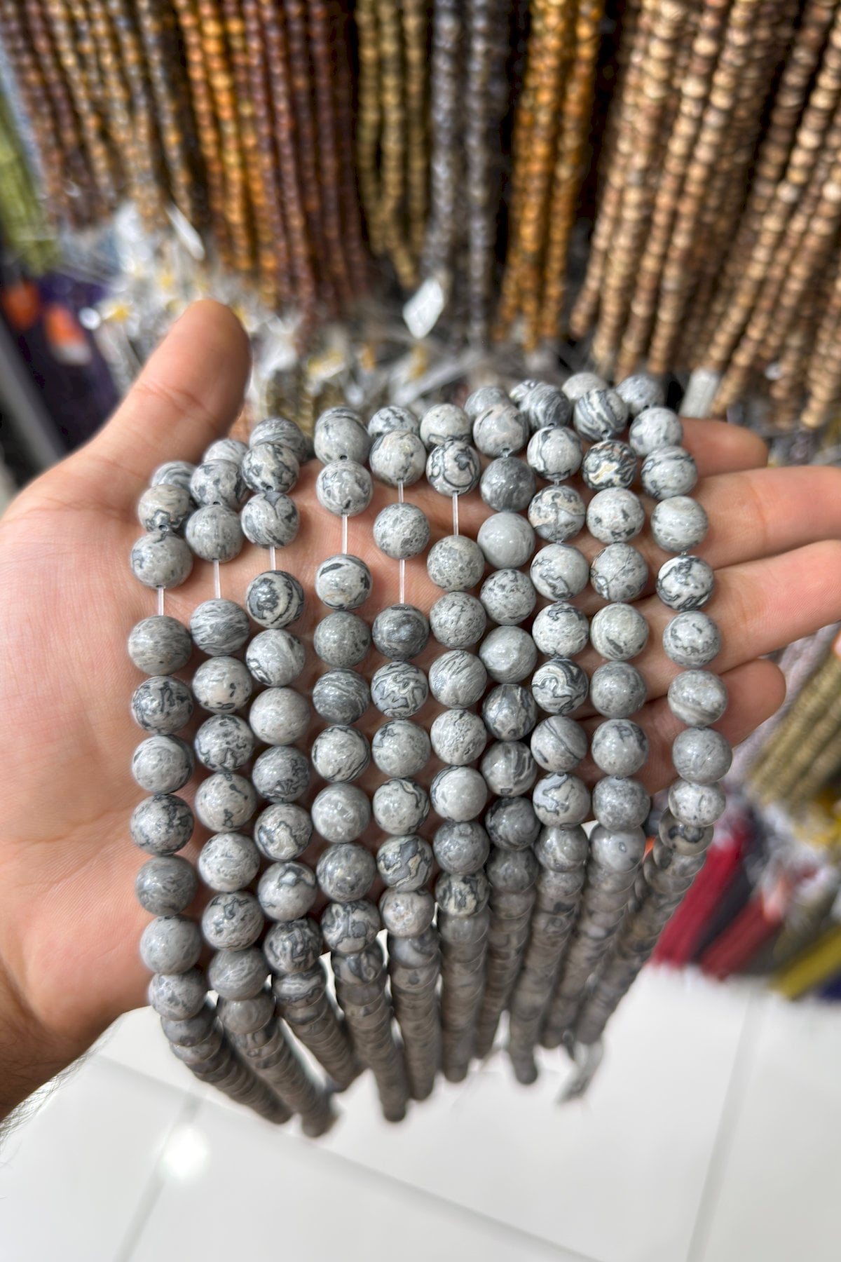 Jasper Taşı Küre Kesim Parlak Gri 10mm Doğal Taş Dizi [AA]