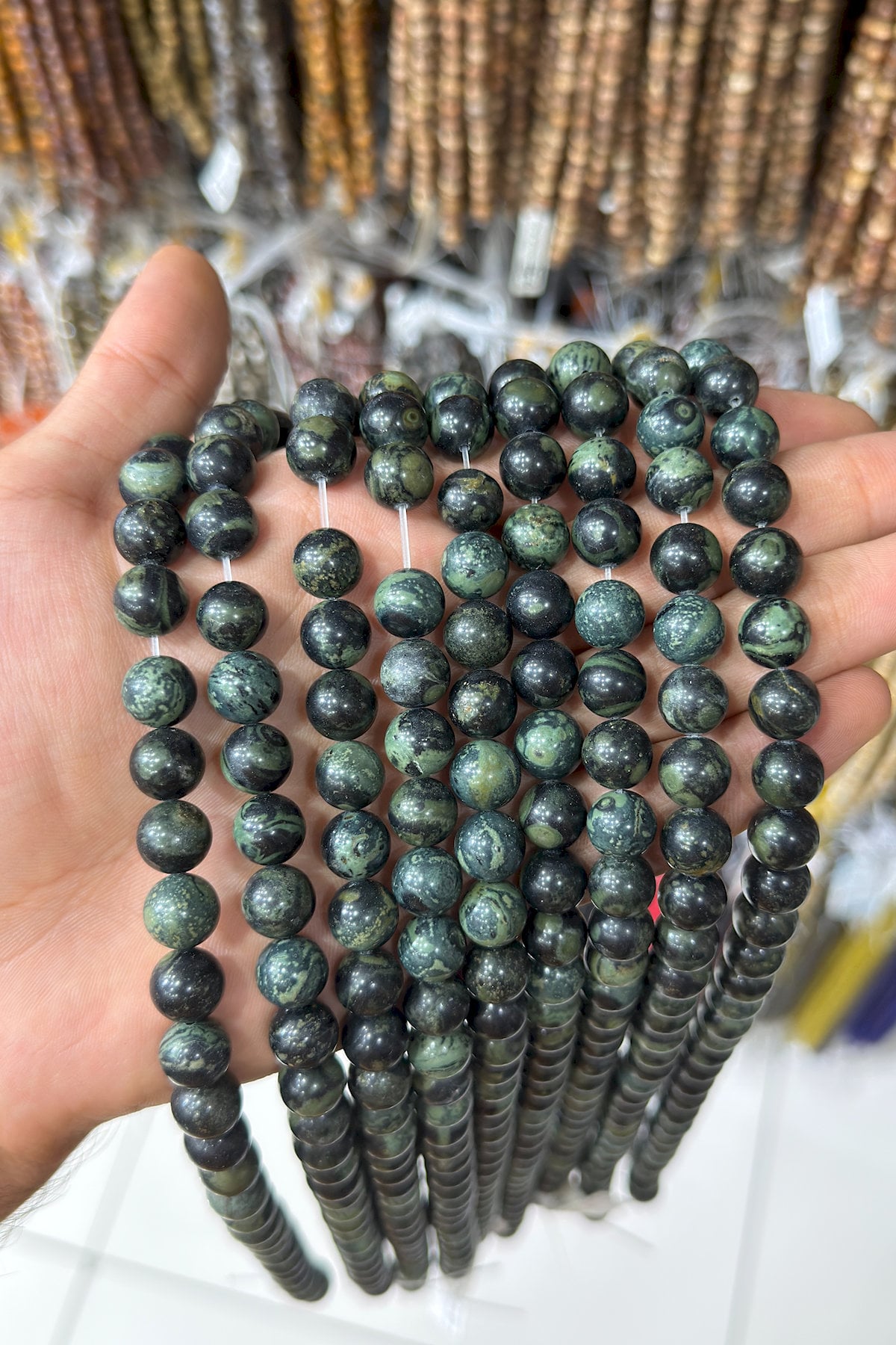 Jasper Taşı Küre Kesim Parlak Koyu Yeşil 10mm Doğal Taş Dizi [AA]