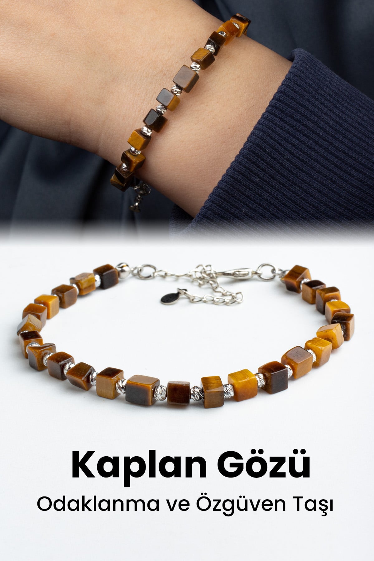 Kaplan Gözü Doğal Taş Küp Kesim Zincir Kapamalı Bileklik