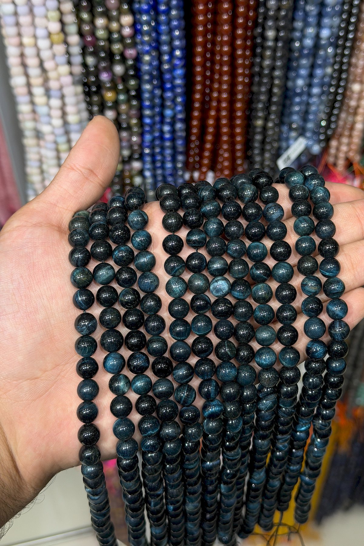 Tiger Eye Natural Stone Shiny Navy Blue Globe Cut 8mm String Of Beads