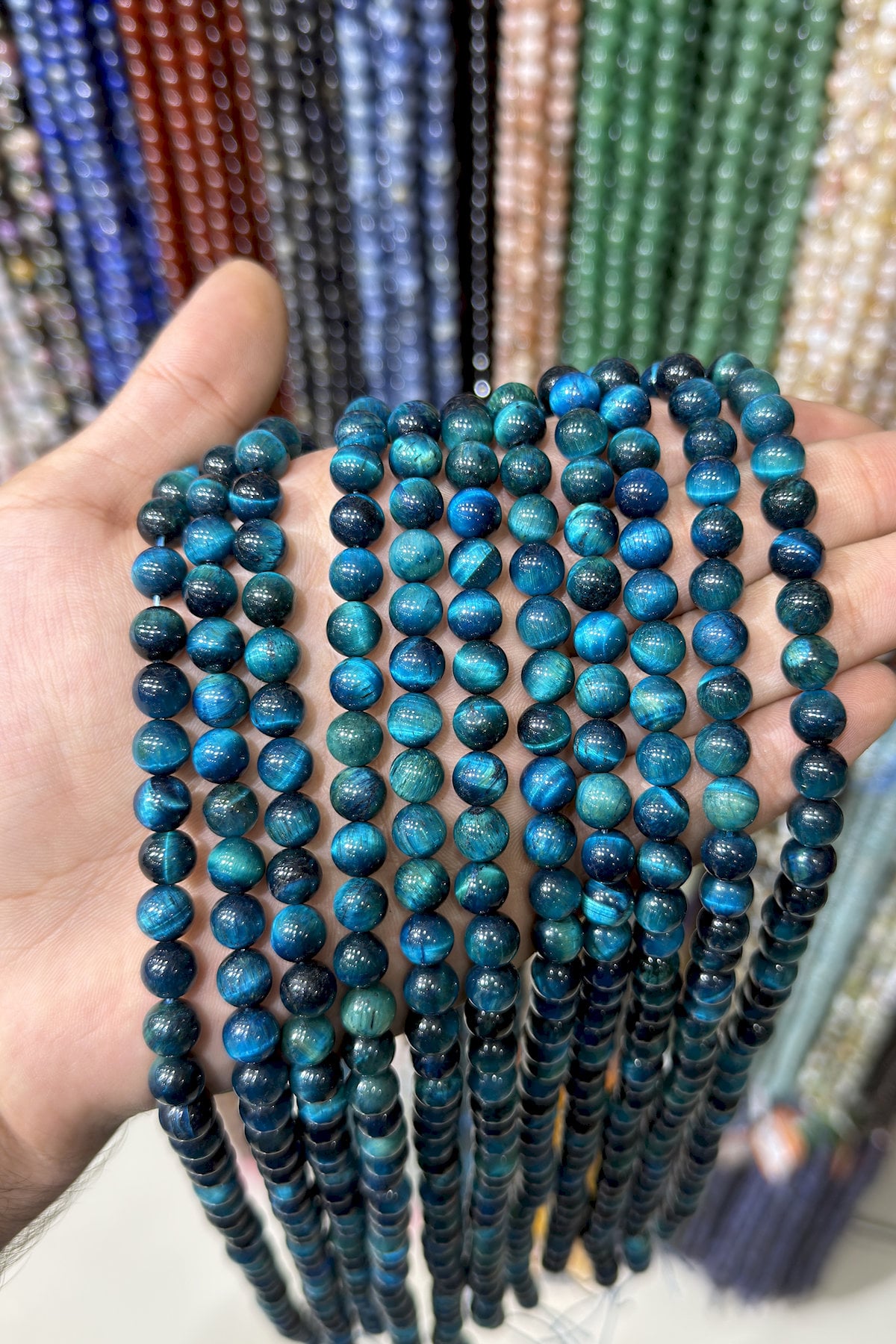 Tiger Eye Natural Stone Shiny Blue Globe Cut 8mm String Of Beads