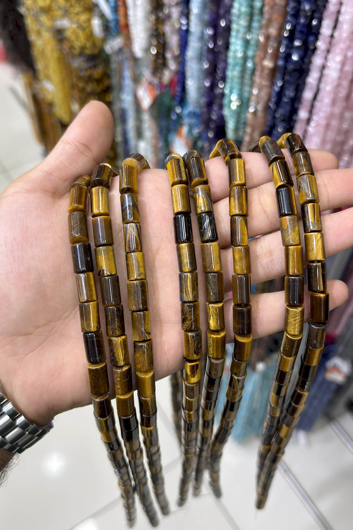 Tiger's Eye Stone Cylindrical-Cut 8x12mm Bead Strand