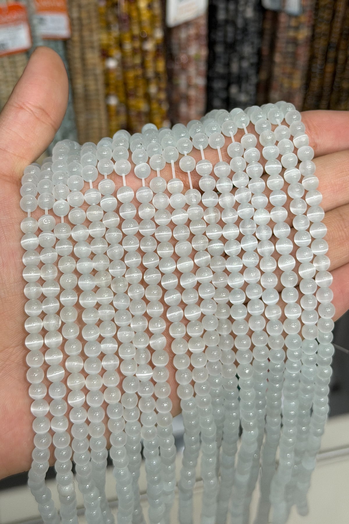Kedi Gözü Taşı Küre Kesim Parlak Gri 6mm Doğal Taş Dizi [B+]