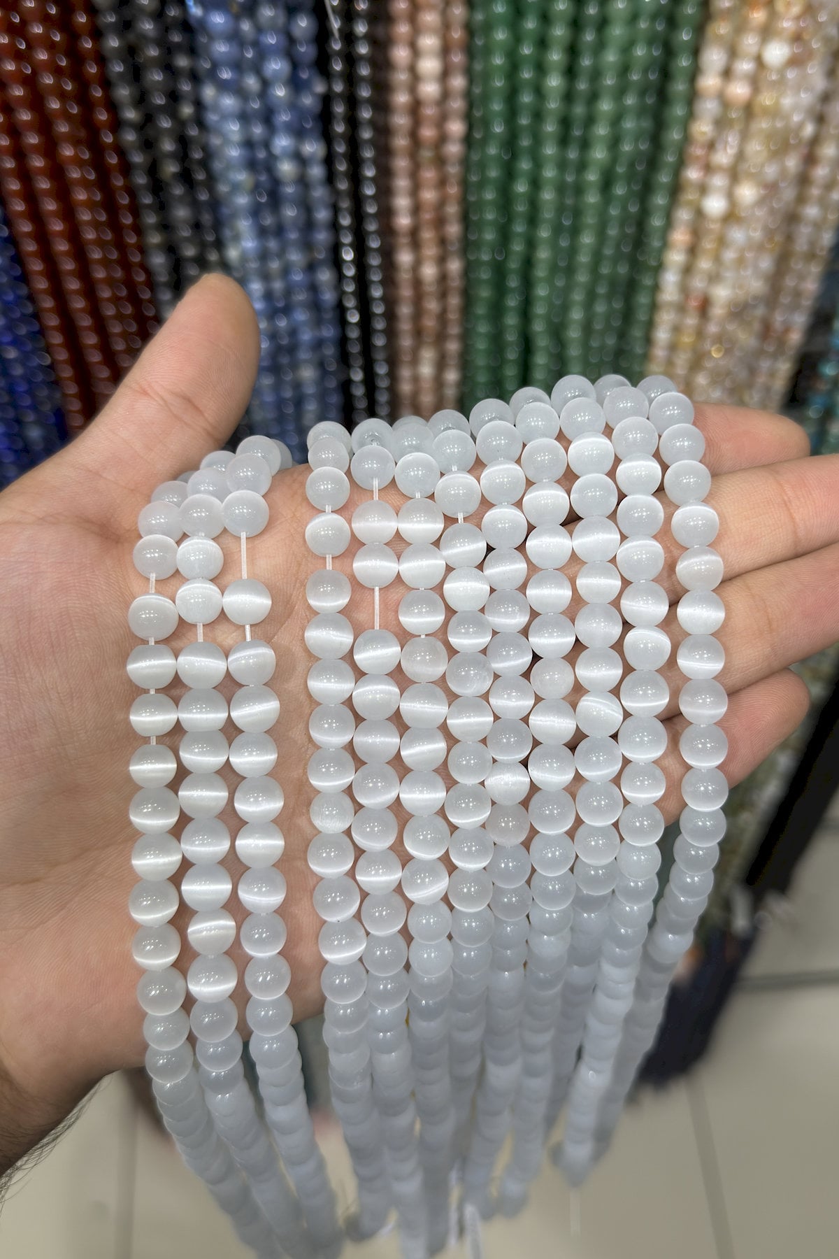 Kedi Gözü Doğal Taş Parlak Gri Küre Kesim 8mm Dizi