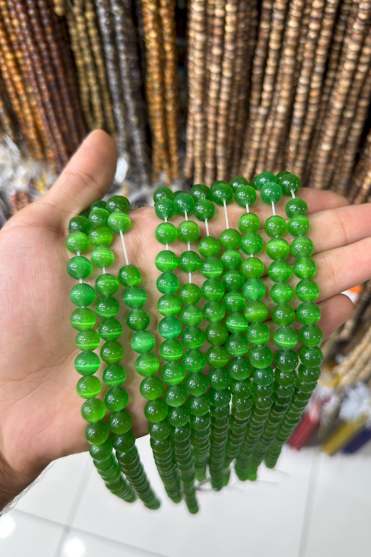 Cat Eye Natural Stone Shiny Dark Green Globe Cut 10mm String Of Beads
