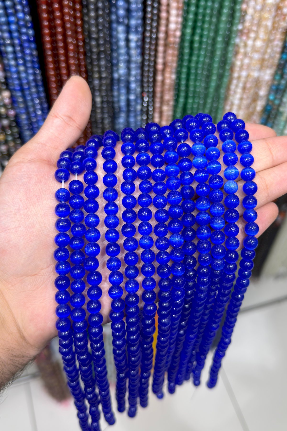 Cat Eye Natural Stone Shiny Navy Blue Globe Cut 8mm String Of Beads