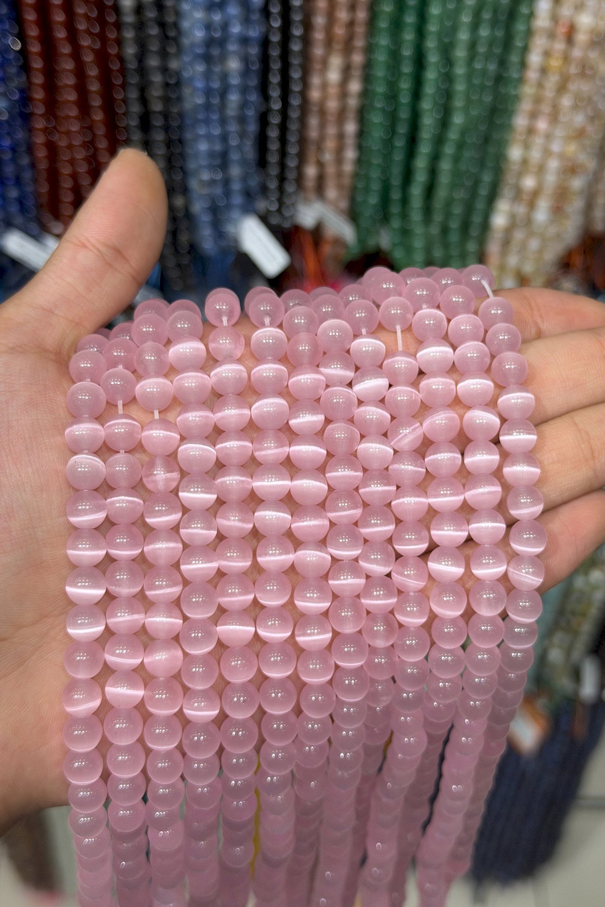 Kedi Gözü Doğal Taş Parlak Pembe Küre Kesim 8mm Dizi