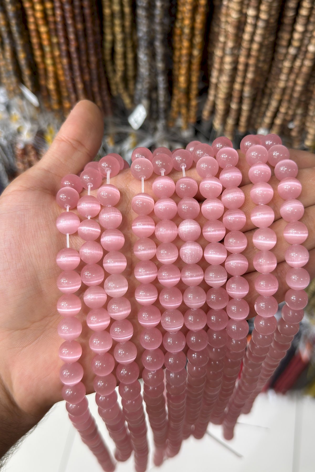 Kedi Gözü Doğal Taş Parlak Pembe 10mm Dizi