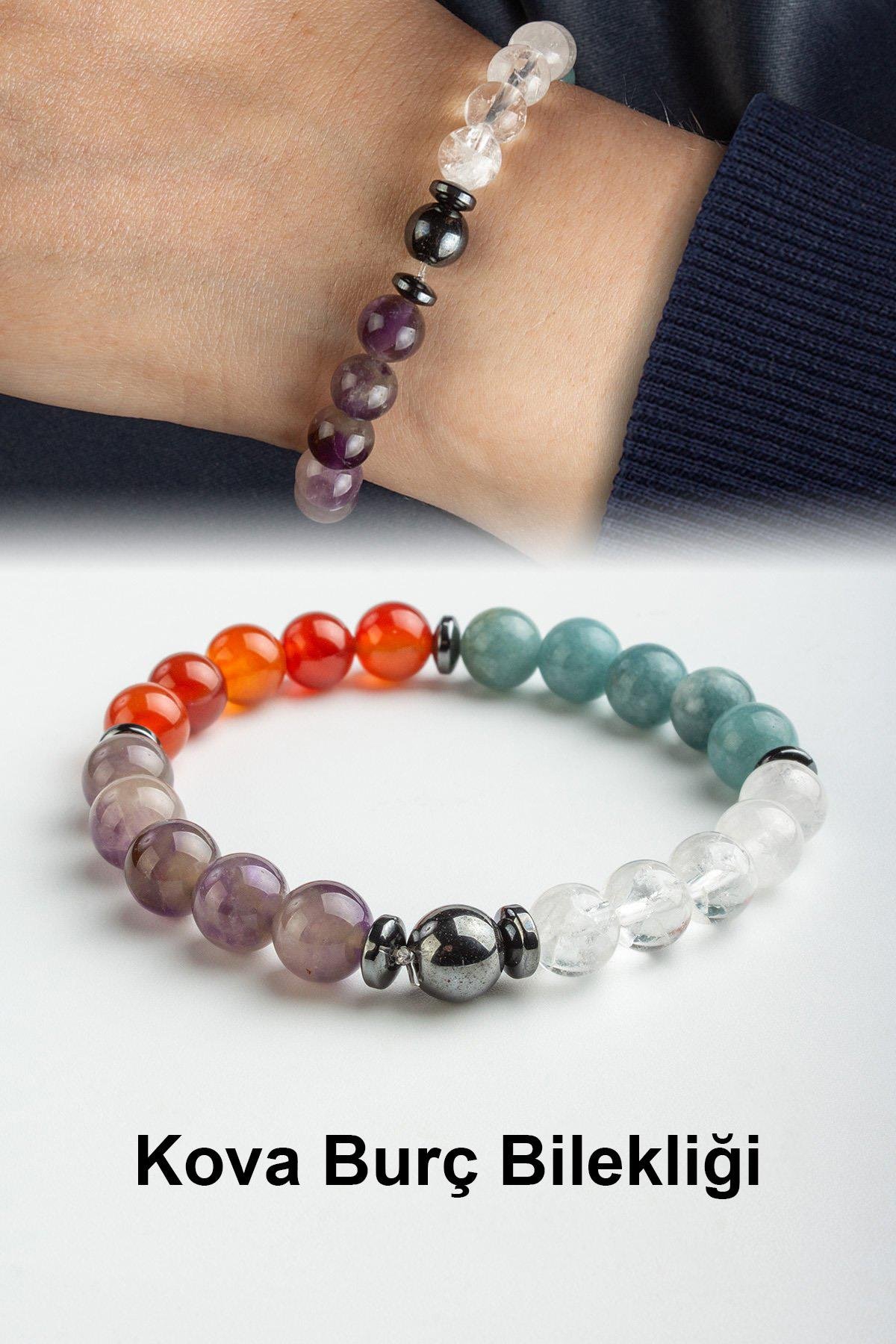 Kova Burç Bilekliği Ametist-Kristal Kuvars-Akik-Akuamarin Doğal Taş 8mm Bileklik