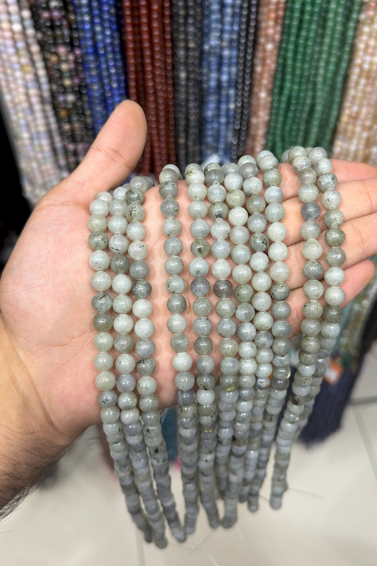 Labradorit Taşı Küre Kesim Parlak Gri 8mm Doğal Taş Dizi [AA]
