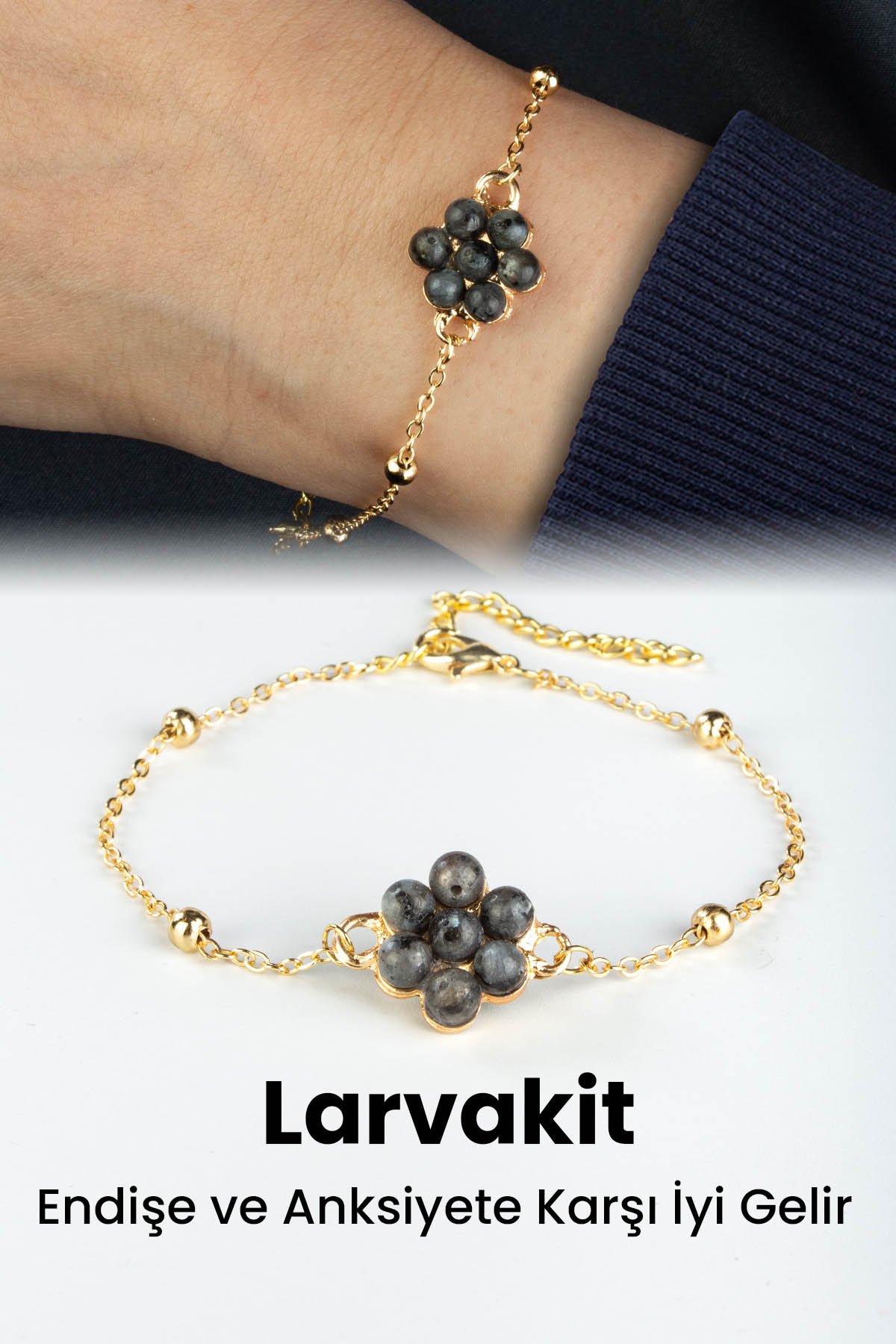 Larvakit Doğal Taş Çiçek Kesim Zincir Kapamalı Bileklik