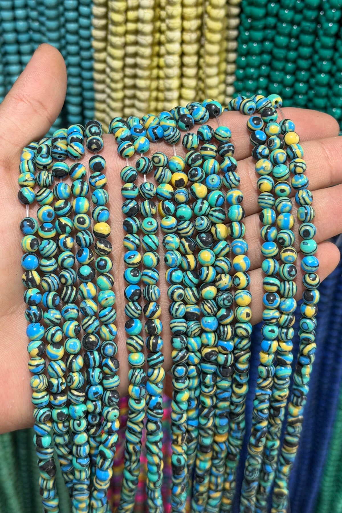 Squeezing Malachite Natural Stone Shiny Black Light Blue Globe Cut 6mm String Of Beads