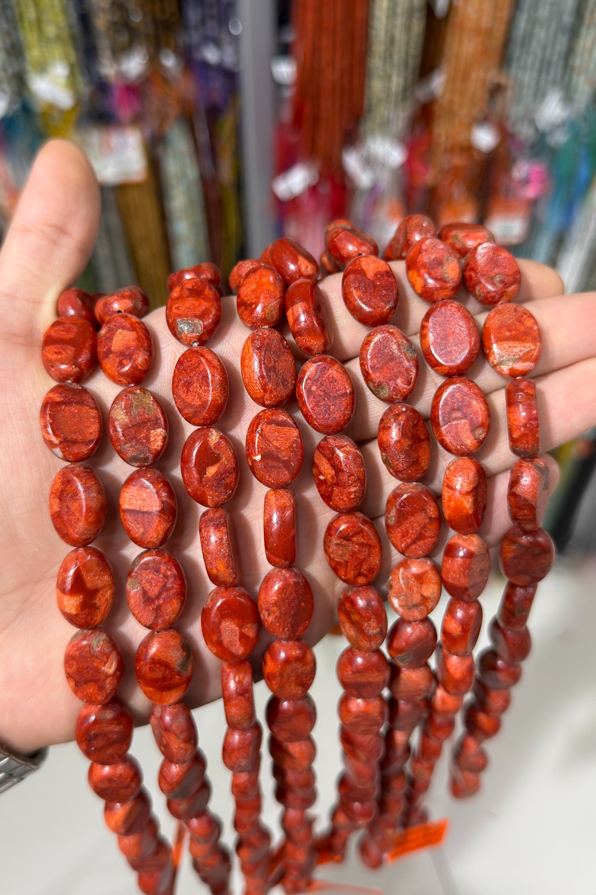Mercan Doğal Taş Parlak Çim Mercan Yassı Arpa 16x6mm Dizi
