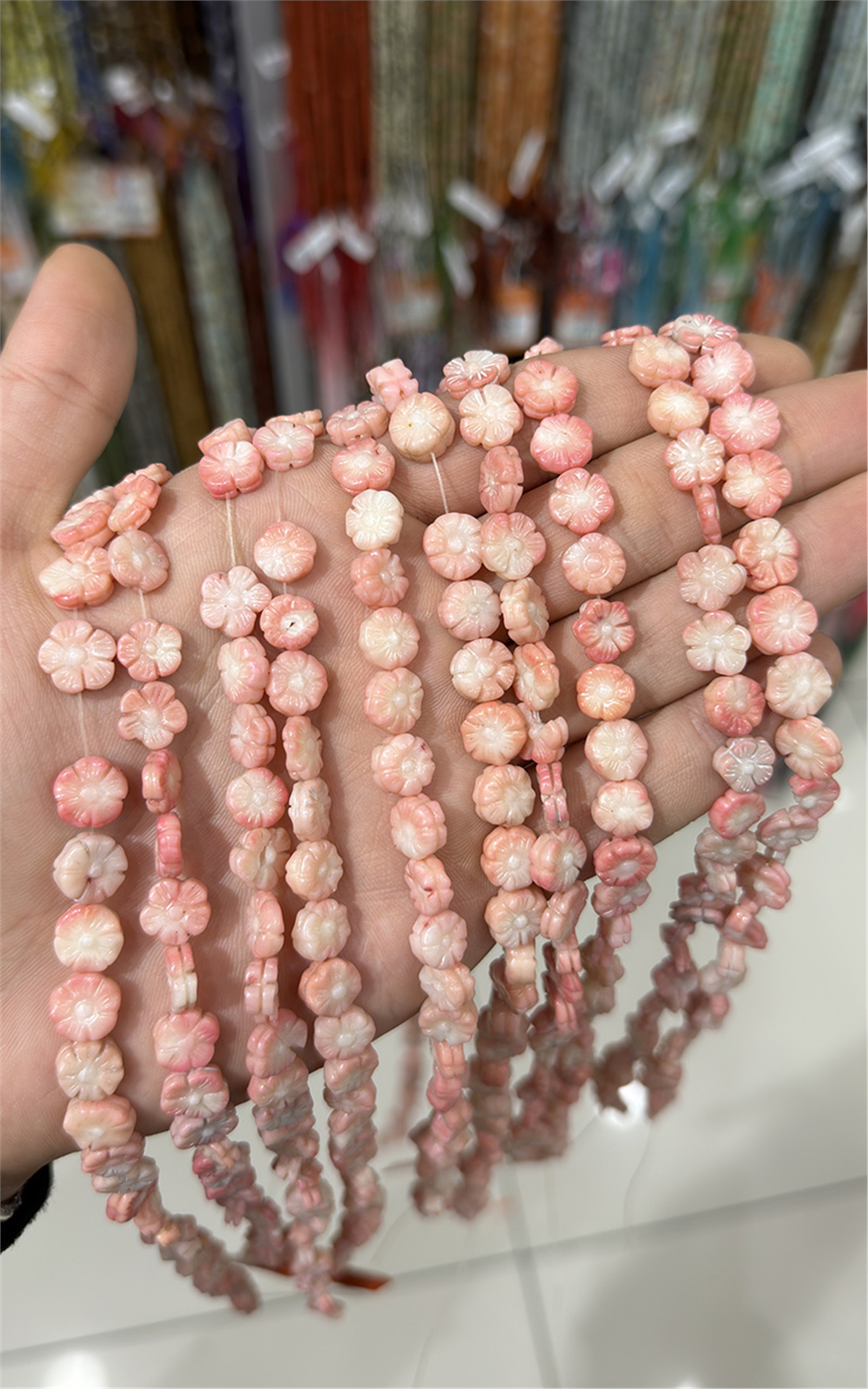 Mercan Doğal Taş Yassı Pembe Çiçek Kesim Kesim 10x4mm Dizi