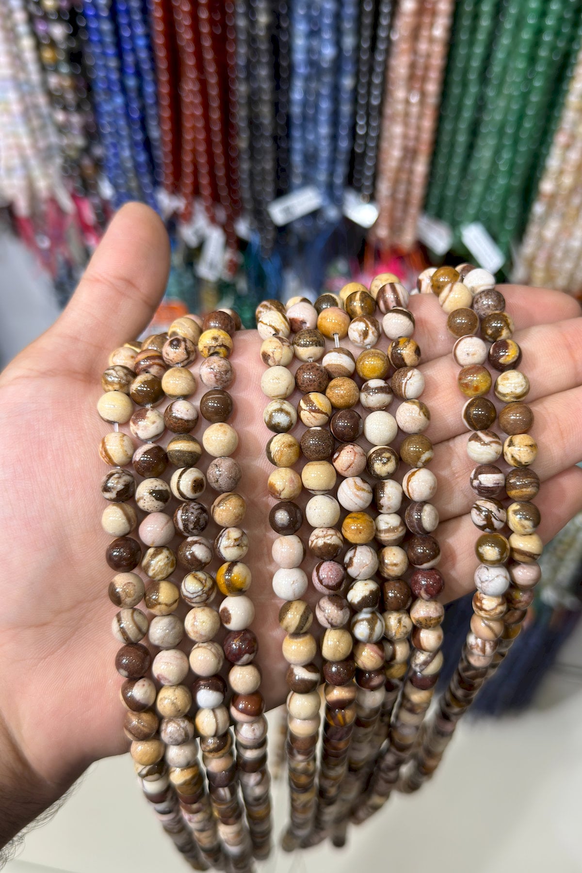 Milk Jasper Natural Stone Shiny Globe Cut 8mm String Of Beads