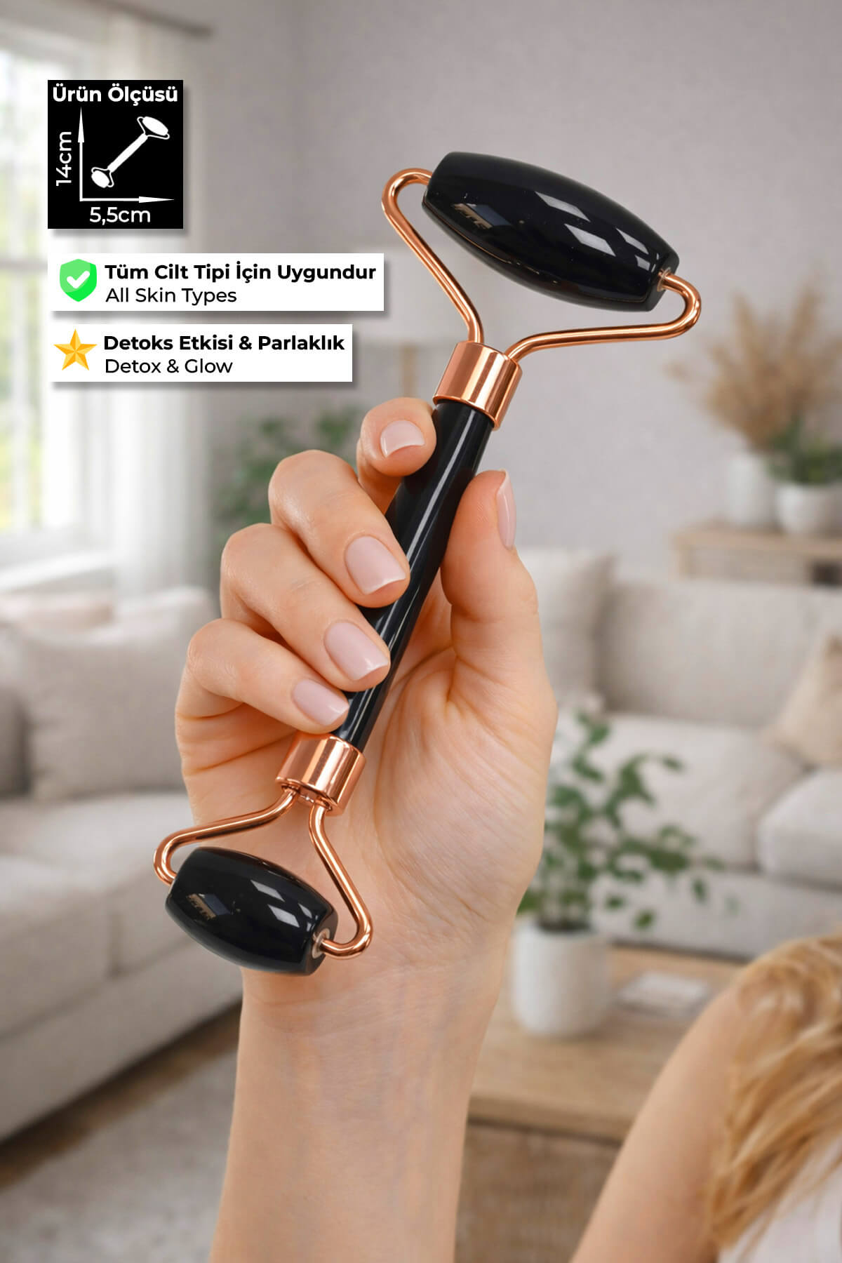 Oniks Taşı Face Roller Doğal Taş Yüz Masaj Aleti - Roz Sap