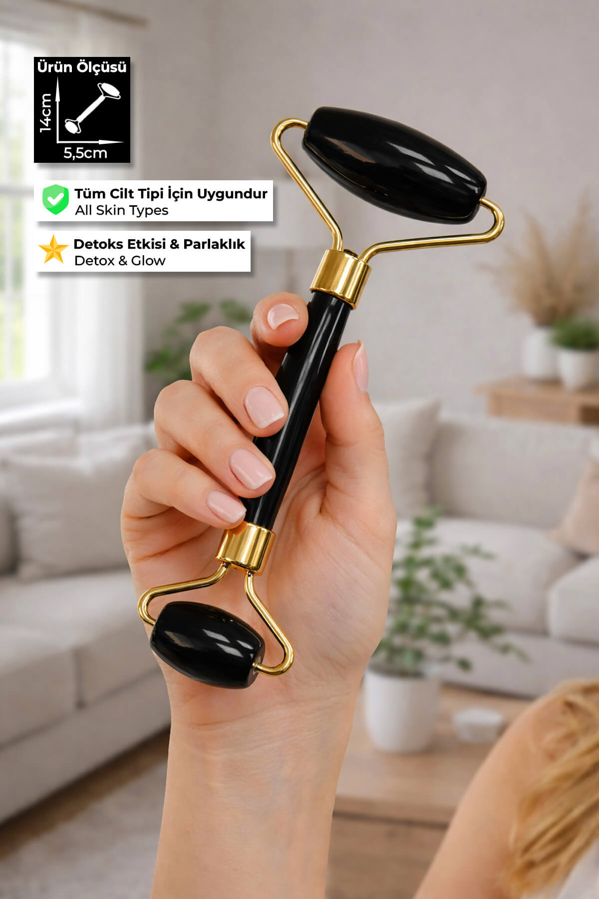 Oniks Taşı Face Roller Doğal Taş Yüz Masaj Aleti - Altın Sap