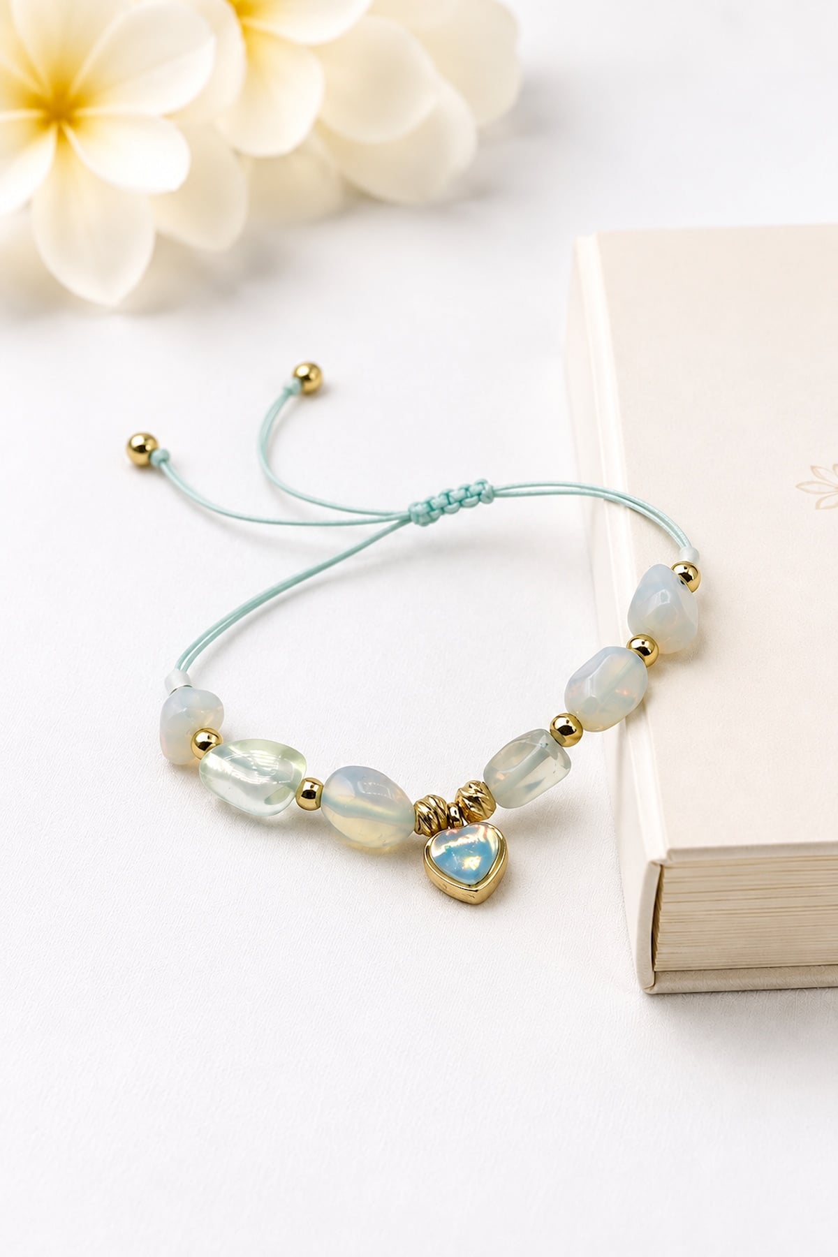 Opal Stone Tumbled Nugget Cut Heart Motif Macrame Bracelet