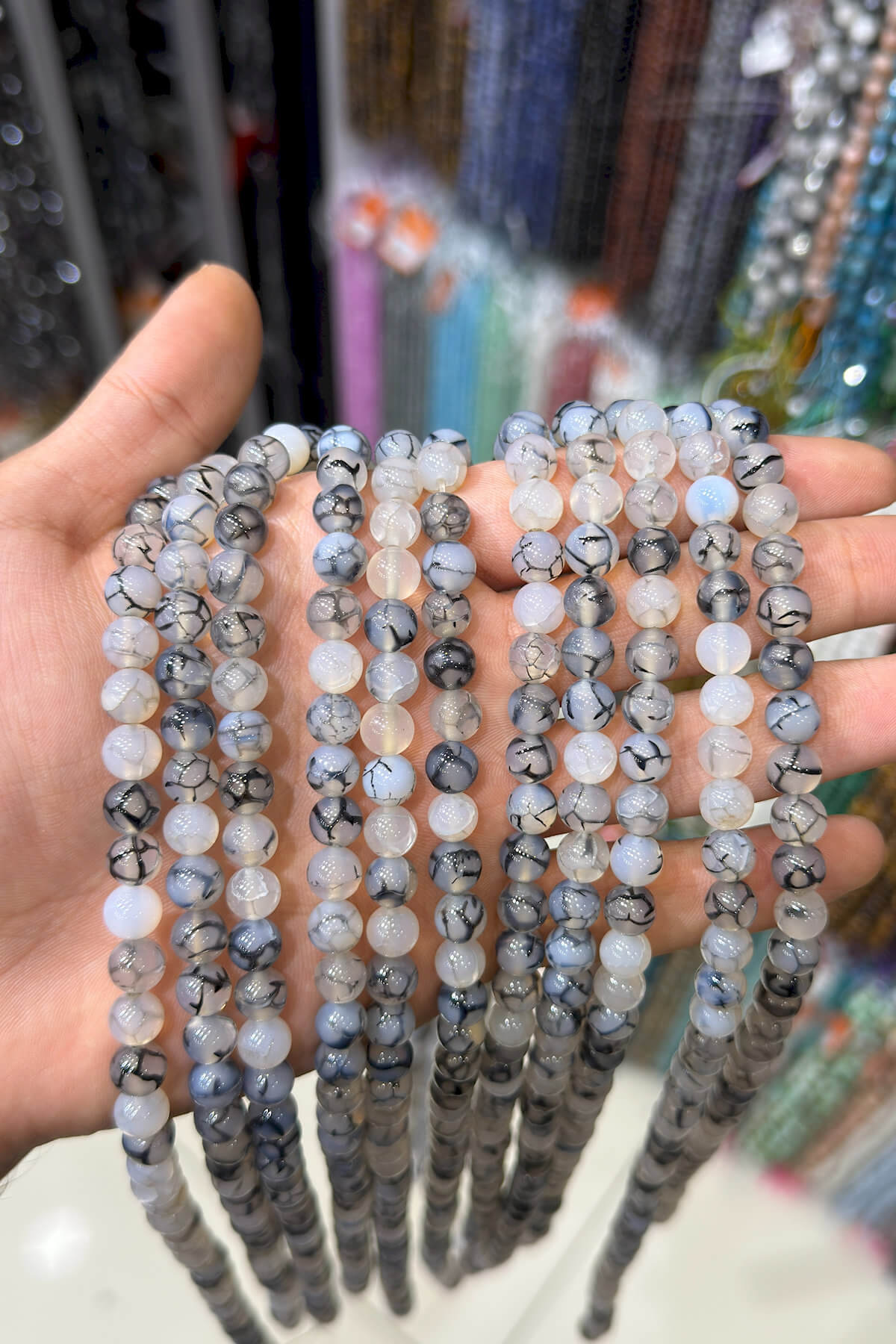 Örümcek Akik Taşı Küre Kesim Parlak Gri 8mm Doğal Taş Dizi