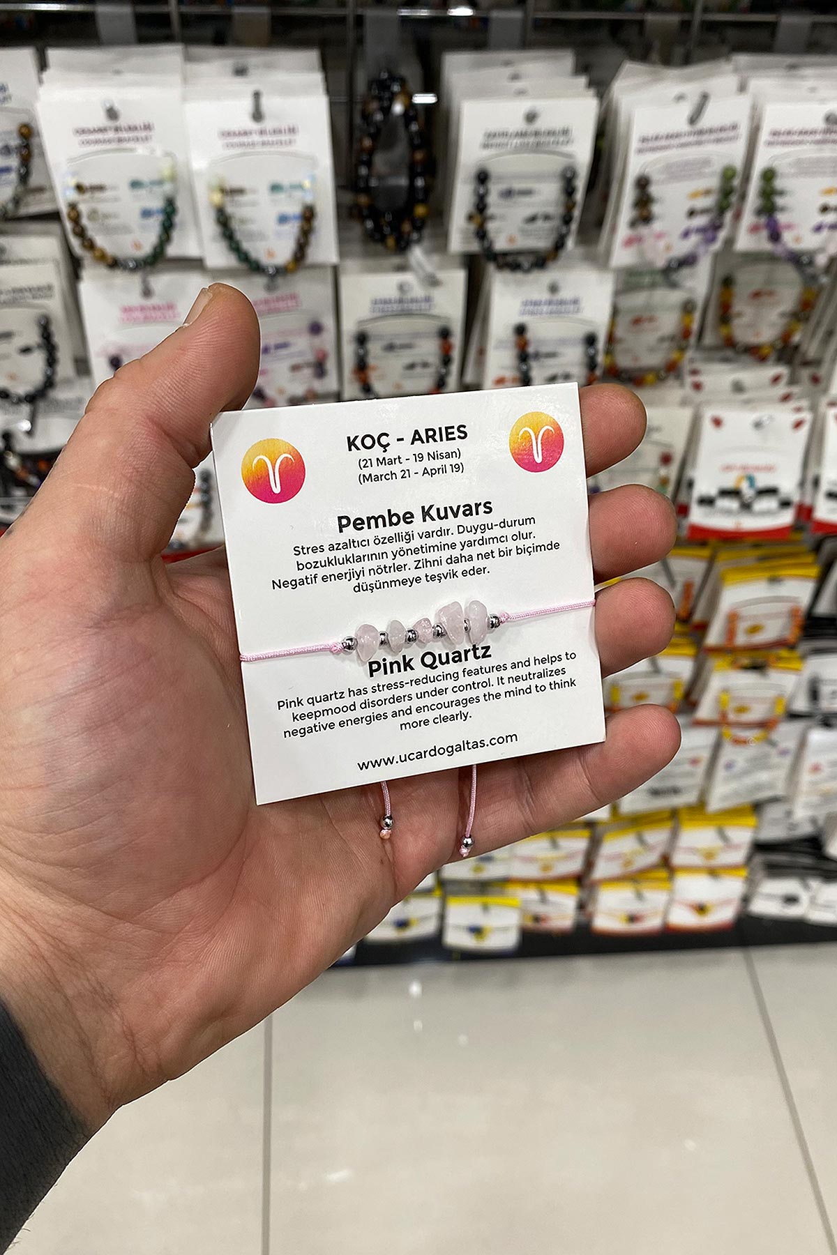 Pembe Kuvars Doğal Kırık Taş Koç Burcu Bilekliği