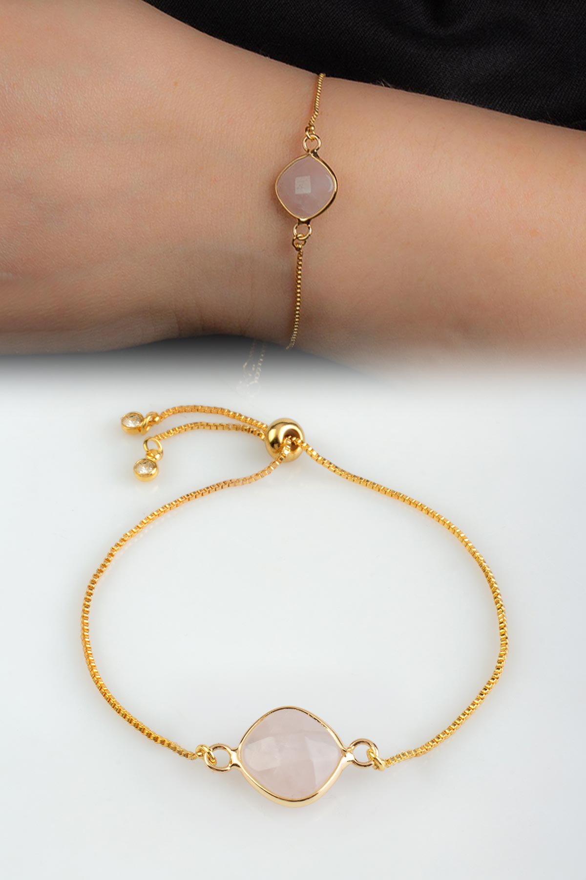 Pembe Kuvars Doğal Taş Asansör Sistemli Bileklik