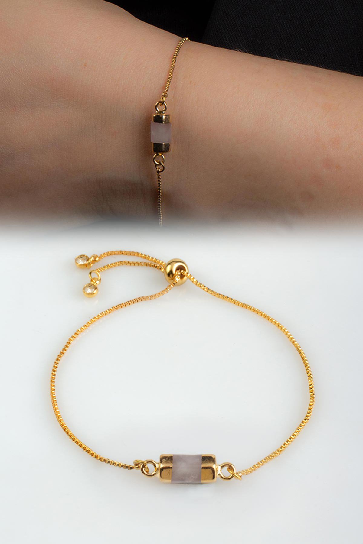 Pembe Kuvars Doğal Taş Asansör Sistemli Bileklik