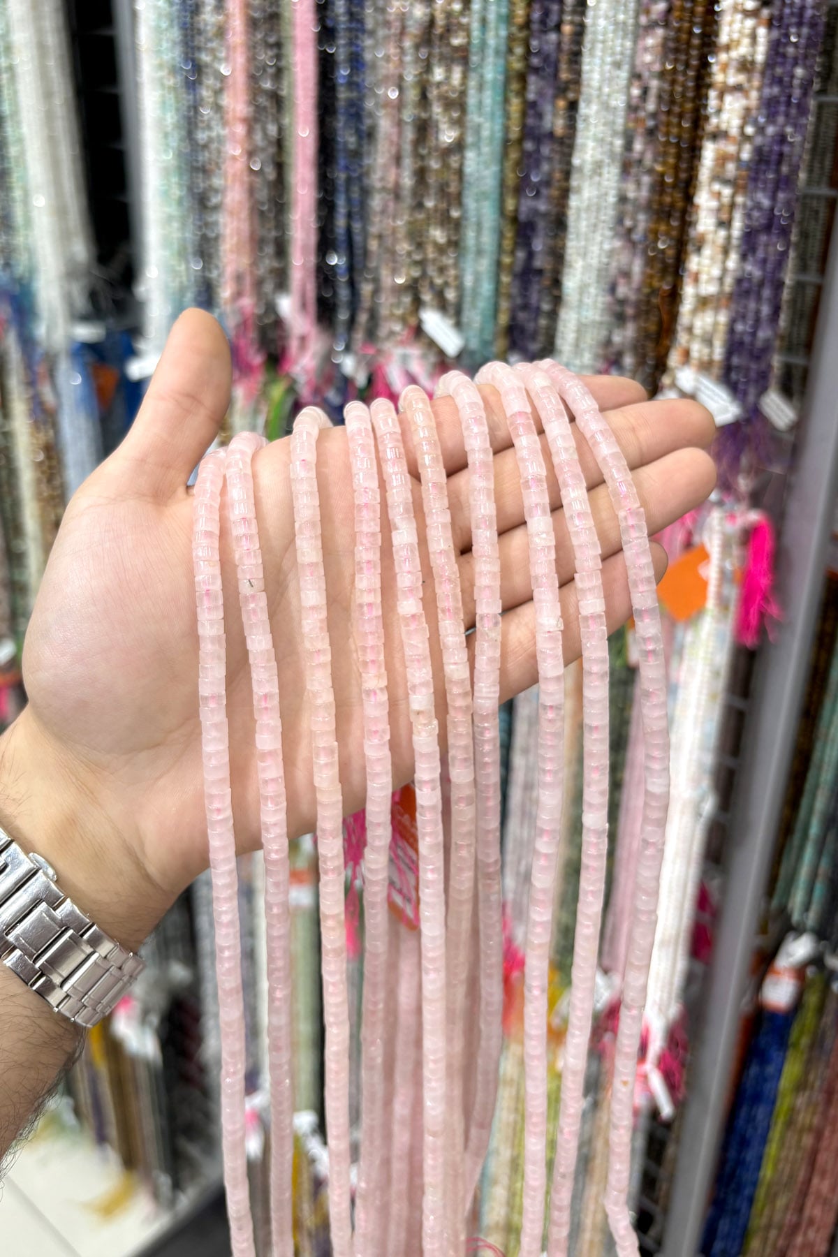 Quartz Natural Stone Shiny Pink Dore Cut 6x3mm String Of Beads