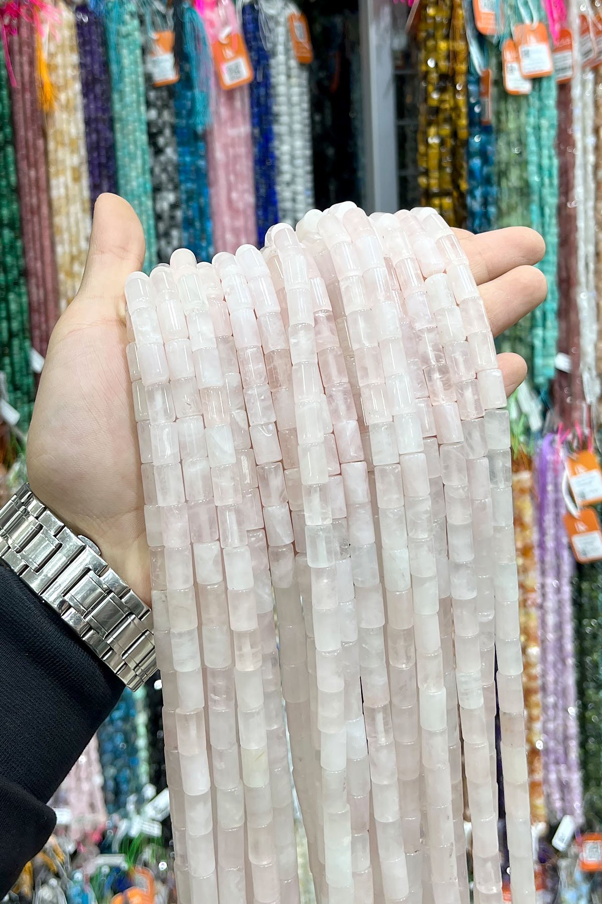 Pembe Kuvars Doğal Taş Silindir Kesim 8x12mm Dizi