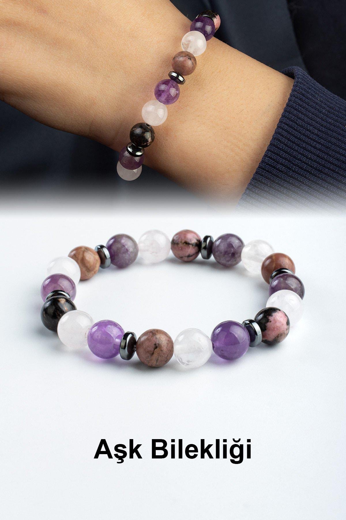 Pembe Kuvars-Rodonit-Karışık Doğal Taş Küre Kesim Aşk Bilekliği