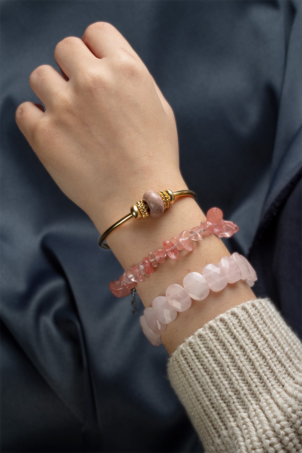 Pembe Kuvars Taşı Doğal 2 li Bileklik & Doğal Taşlı Pandora Bileklik Hediye Seti