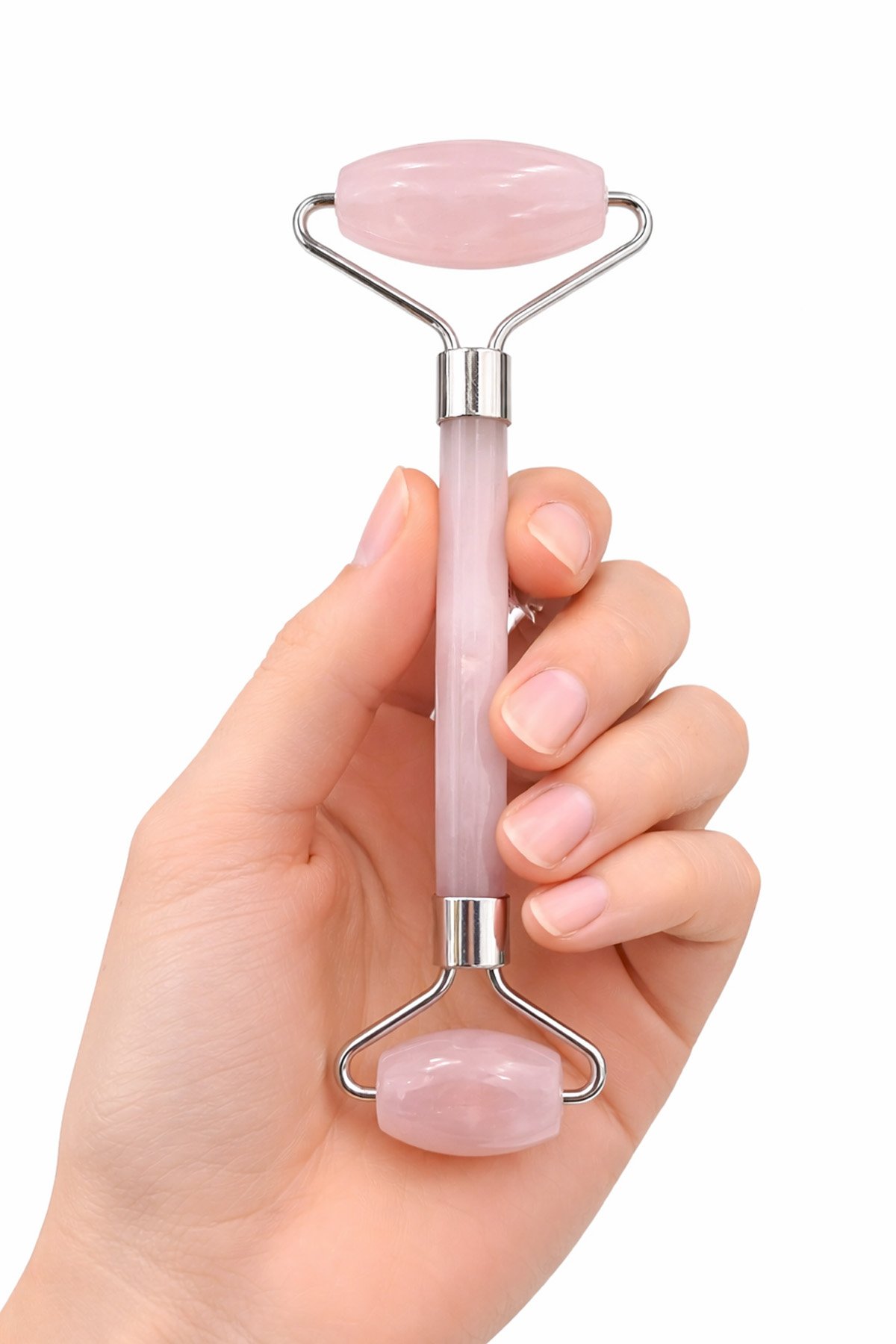 Pembe Kuvars Taşı Gümüş Face Roller Çift Taraflı Masaj Aleti