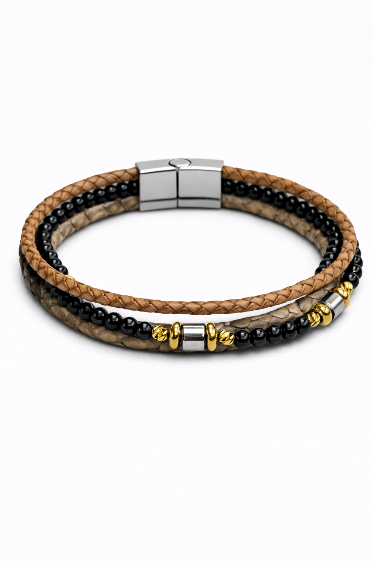 Piton Deri Taba Oniks Taşlı Dorikalı Üçlü Deri Erkek Bilekliği