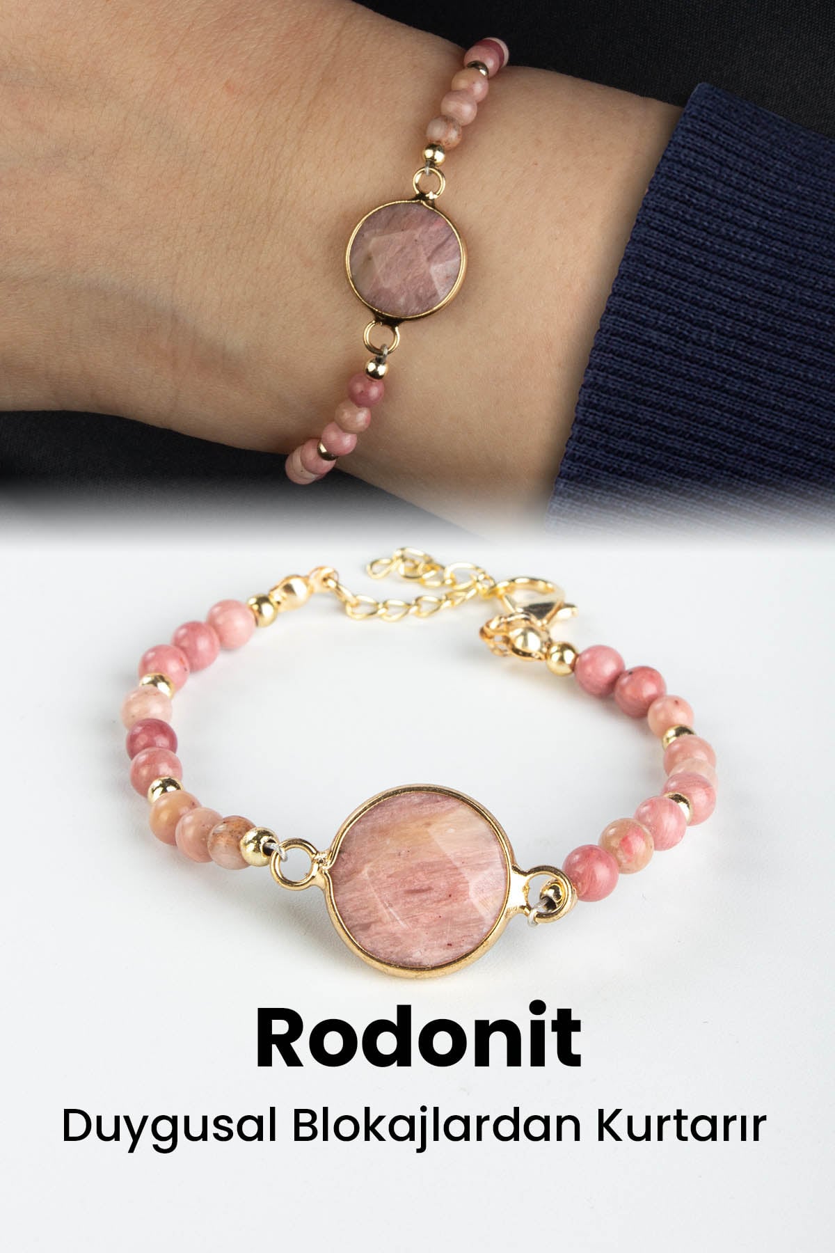Rodonit Doğal Taş Küre Kesim Orta Daire Taşlı 4mm Zincirli Bileklik