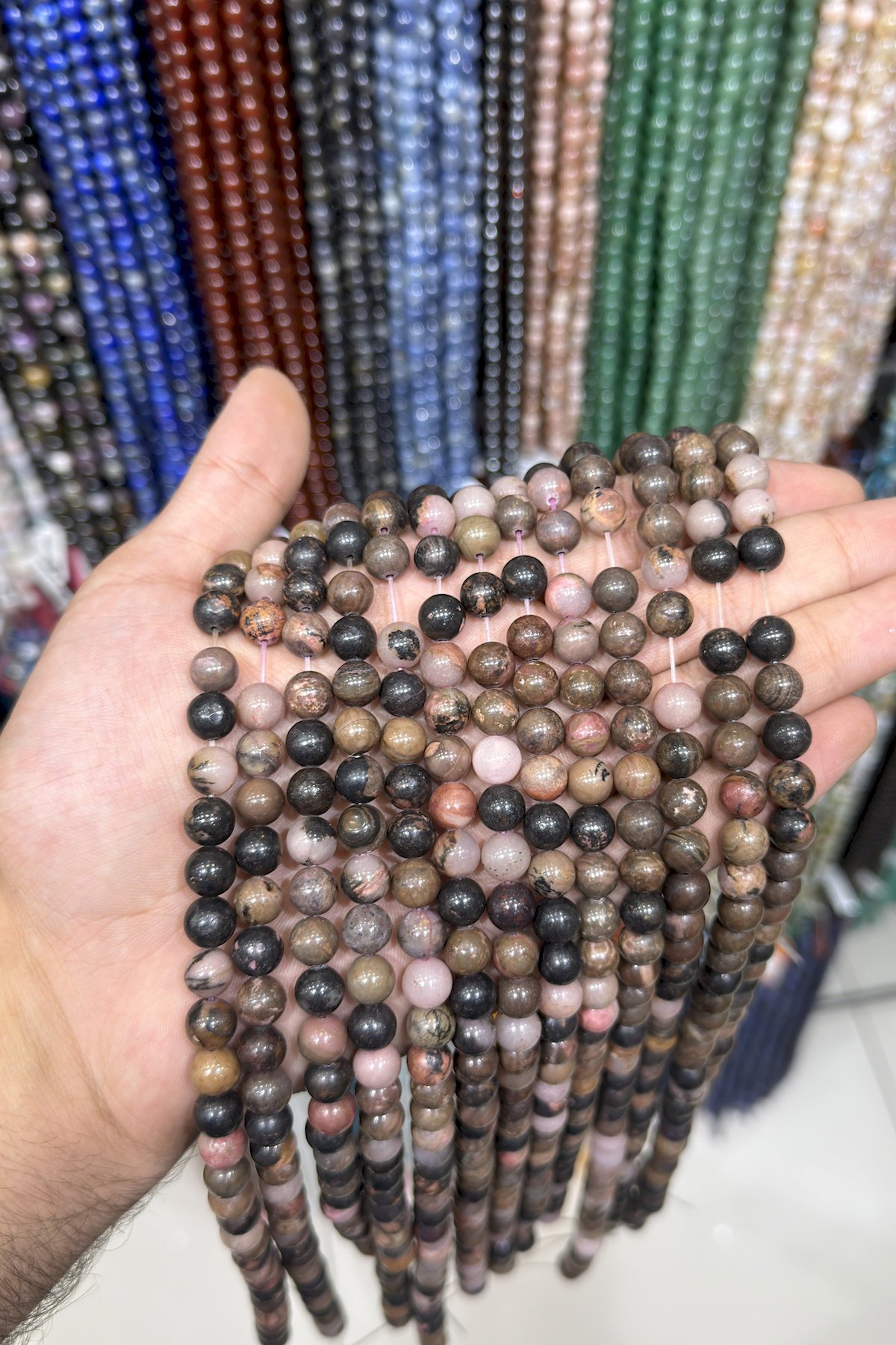 Rodonit Doğal Taş Parlak Damarlı 8mm Dizi [AB]